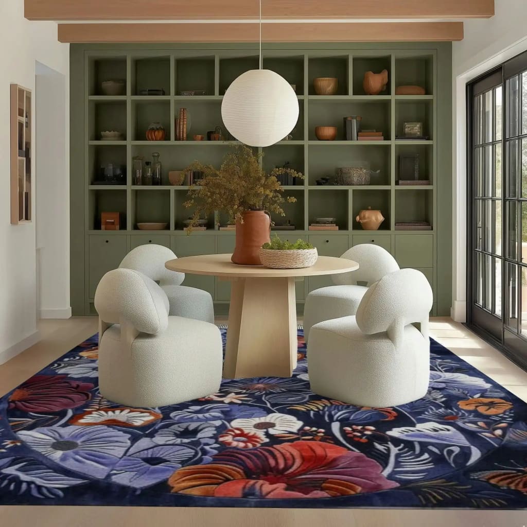 Vibrant Floral Medley Hand Tufted Area Rug in a stylish living room setting, featuring a large floral design that adds a pop of color to the space. The wool rug complements the neutral furniture and enhances the cozy ambiance, perfect for living room area rugs.