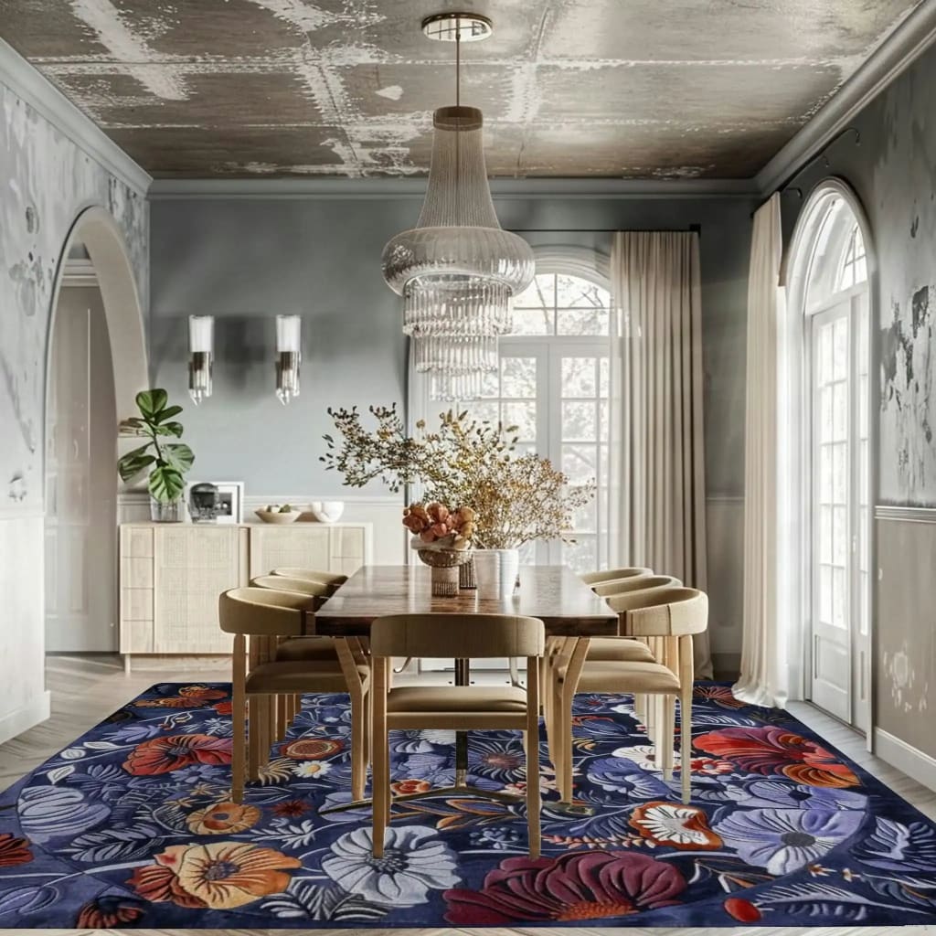 A vibrant floral medley hand-tufted area rug enhances a stylish living room. The large wool rug features a stunning array of colorful flowers, adding a touch of elegance and warmth to the space. Perfect for those seeking exquisite living room area rugs, this floral rug complements the modern decor beautifully.