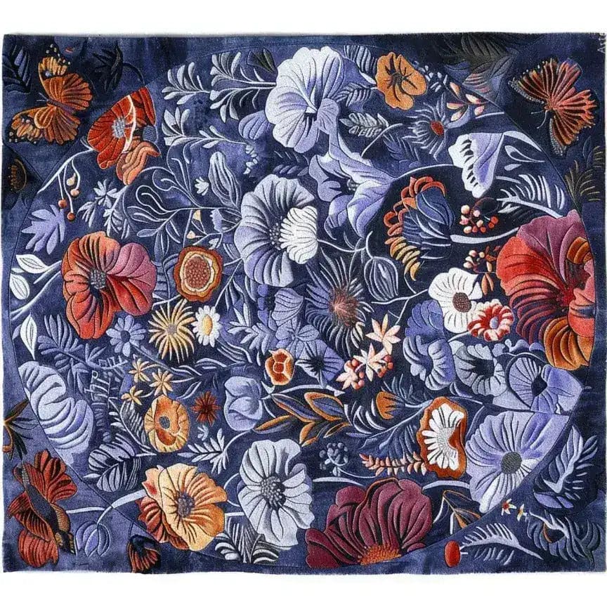 This vibrant floral medley hand-tufted area rug is perfect for a large living room. The wool rug features an array of colorful flowers in deep blues, reds, and oranges, creating a stunning floral rug that adds elegance to any living room area.