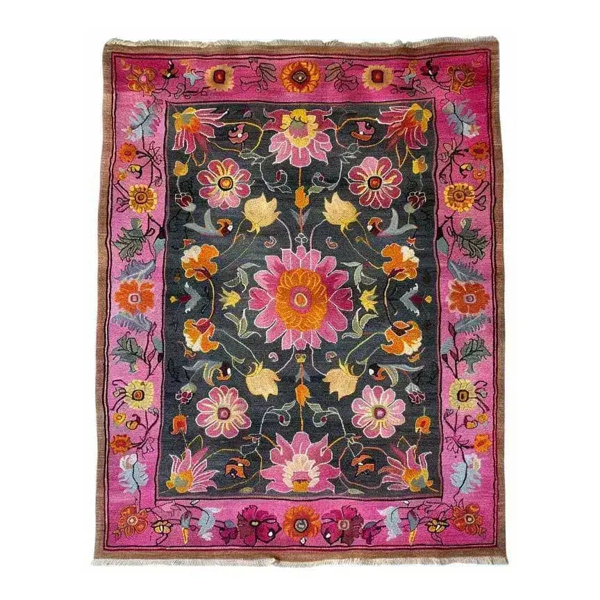 A vibrant floral area rug featuring a colorful tapestry design with bold pink, orange, and yellow flowers on a dark background. This large living room wool rug, reminiscent of Persian rugs, showcases a vintage charm perfect for an 8x10 space. Ideal for adding a touch of elegance to any living room.