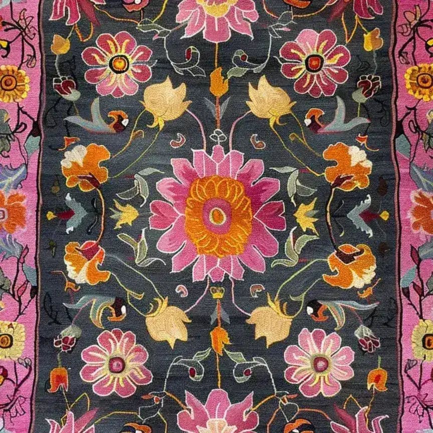 A vibrant floral tapestry hand-knotted wool rug, perfect for large living rooms. This Persian-inspired area rug features intricate pink, yellow, and orange floral patterns against a dark background, ideal for adding a vintage touch to your living room decor. Suitable as an 8x10 large area rug, this floral rug adds warmth and elegance to any space.