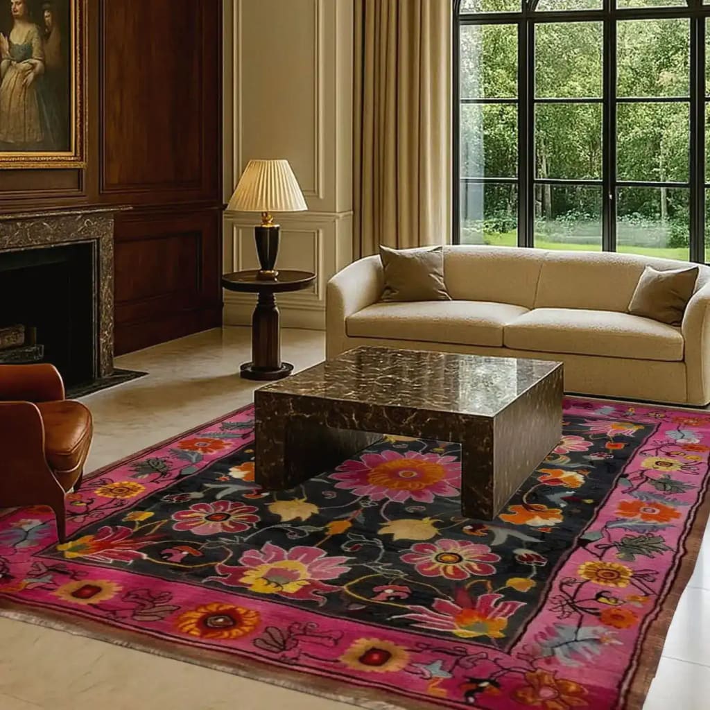 A vibrant floral tapestry area rug in a large living room, featuring intricate Persian-inspired designs. This wool rug, perfect for living room spaces, showcases a colorful pattern with pink and black hues, adding a vintage charm to the setting. Ideal for those seeking large area rugs or living room rugs 8x10.