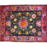 This vibrant floral tapestry area rug is a stunning piece for any large living room. The hand-knotted wool rug features a beautiful Persian-inspired design with rich, colorful flowers in shades of pink, yellow, and orange against a dark background. Perfect for adding a touch of vintage elegance, this 8x10 floral rug is a luxurious addition to any living space.