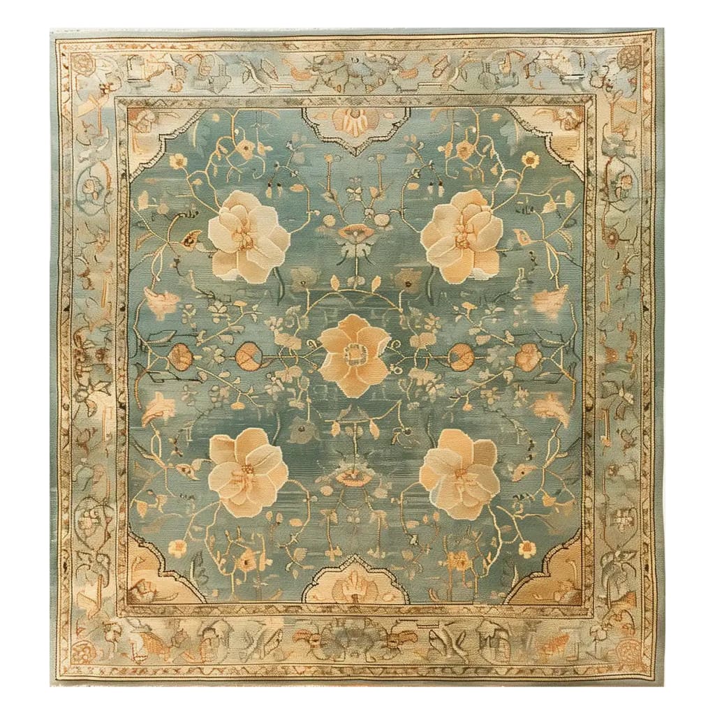 Top view of the Vibrant Garden Hand Tufted Wool Rug, showcasing an intricate floral pattern with large blossoms and vines on a soft blue background. This elegant area rug is ideal for adding a touch of sophistication to rugs for living rooms and living room area rugs collections, crafted from luxurious wool for a plush feel.