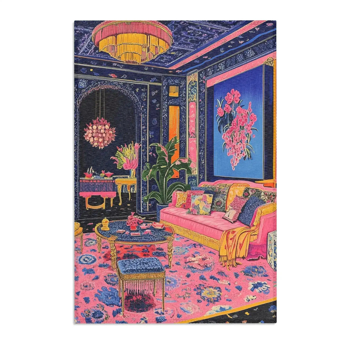 Vibrant Maximalist Floral Rug in ornate maximalist room, pink and blue abstract floral print, opulent navy decor and gold accents