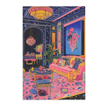 Vibrant Maximalist Floral Rug in ornate maximalist room, pink and blue abstract floral print, opulent navy decor and gold accents
