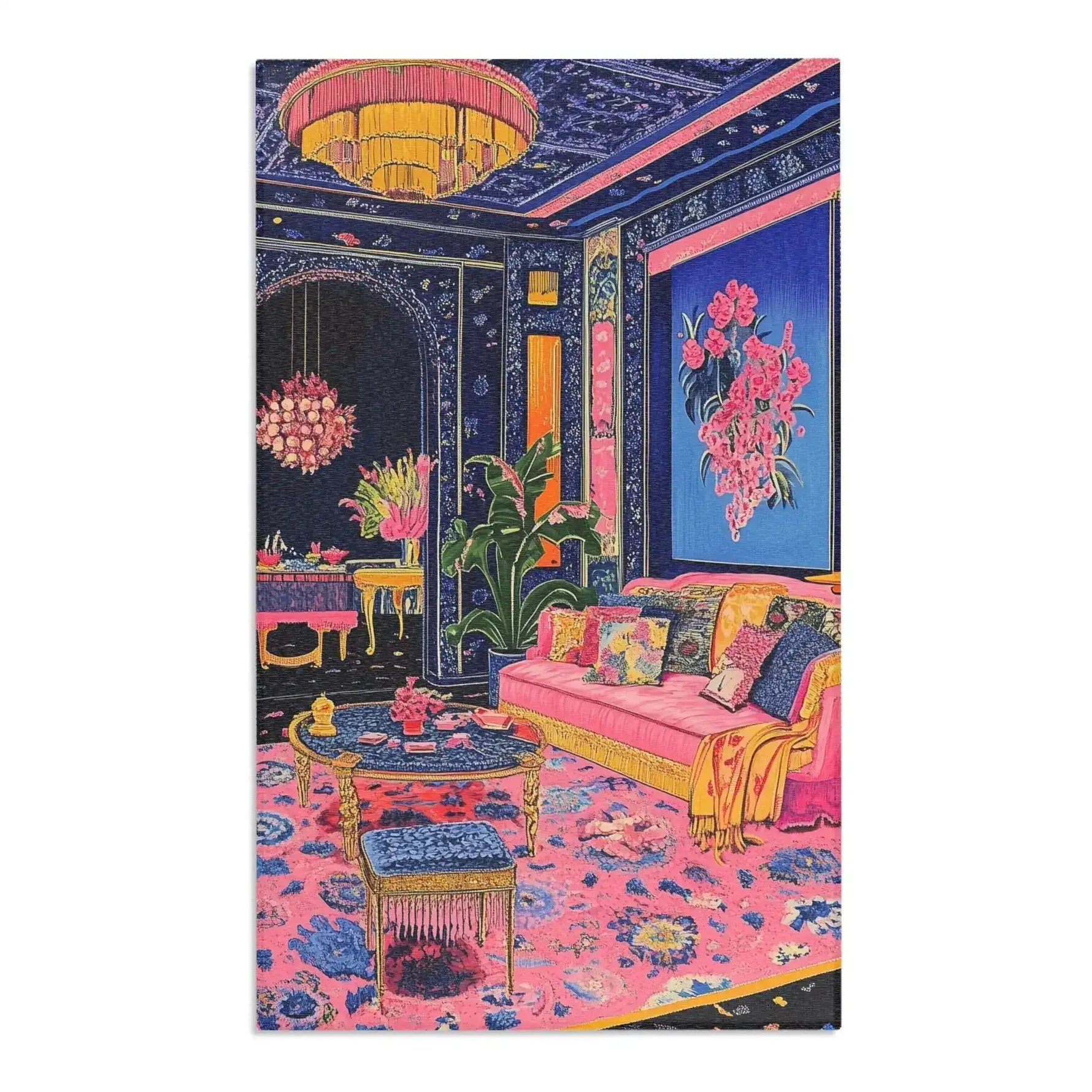 Pink-and-navy Vibrant Maximalist Floral Rug styled in dramatic maximalist sitting room with chandelier, tropical plant, and velvet sofa