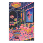 Vibrant Maximalist Floral Rug displayed in a maximalist navy-pink room, large-scale blue floral motif, gold furniture and jewel-toned decor