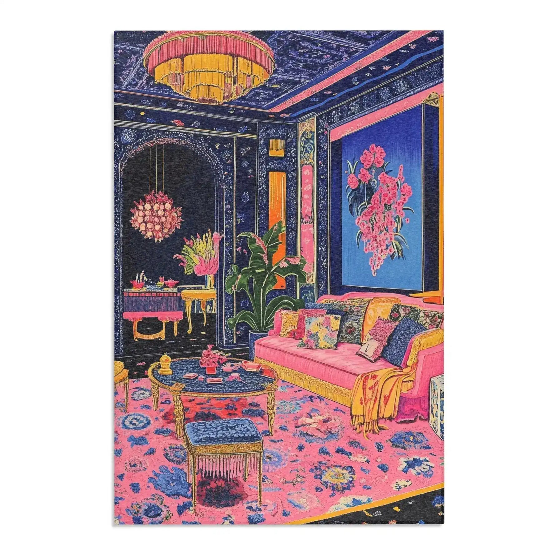 Vibrant Maximalist Floral Rug displayed in a maximalist navy-pink room, large-scale blue floral motif, gold furniture and jewel-toned decor
