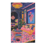 Vibrant Maximalist Floral Rug styled in a dramatic navy-and-pink room, gold fringe chandelier overhead, pink tufted sofa in background