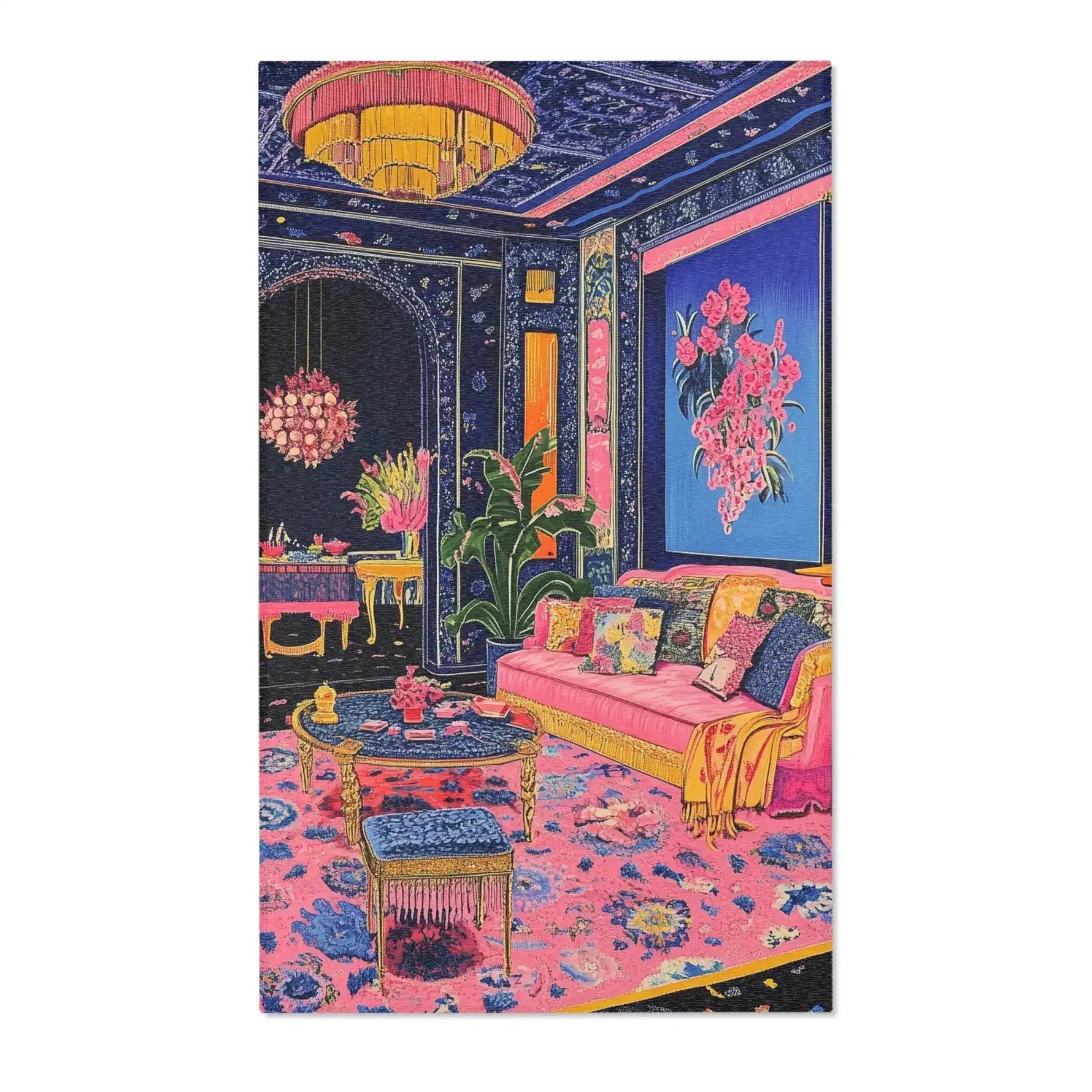 Vibrant Maximalist Floral Rug styled in a dramatic navy-and-pink room, gold fringe chandelier overhead, pink tufted sofa in background