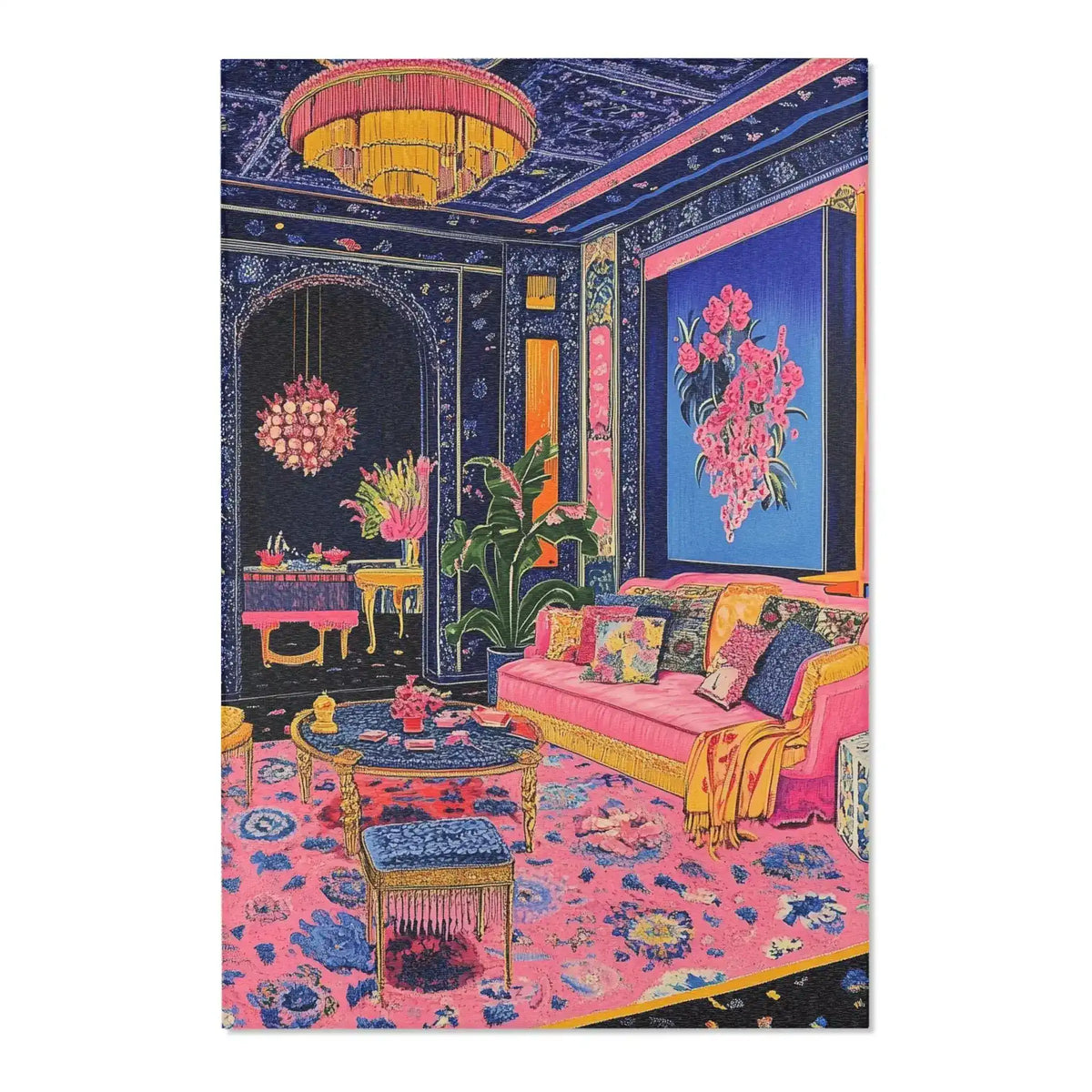 Room setting with the Vibrant Maximalist Floral Rug, bold pink-blue floral pattern under gold table, navy patterned walls and pink velvet sofa