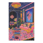 Room setting with the Vibrant Maximalist Floral Rug, bold pink-blue floral pattern under gold table, navy patterned walls and pink velvet sofa