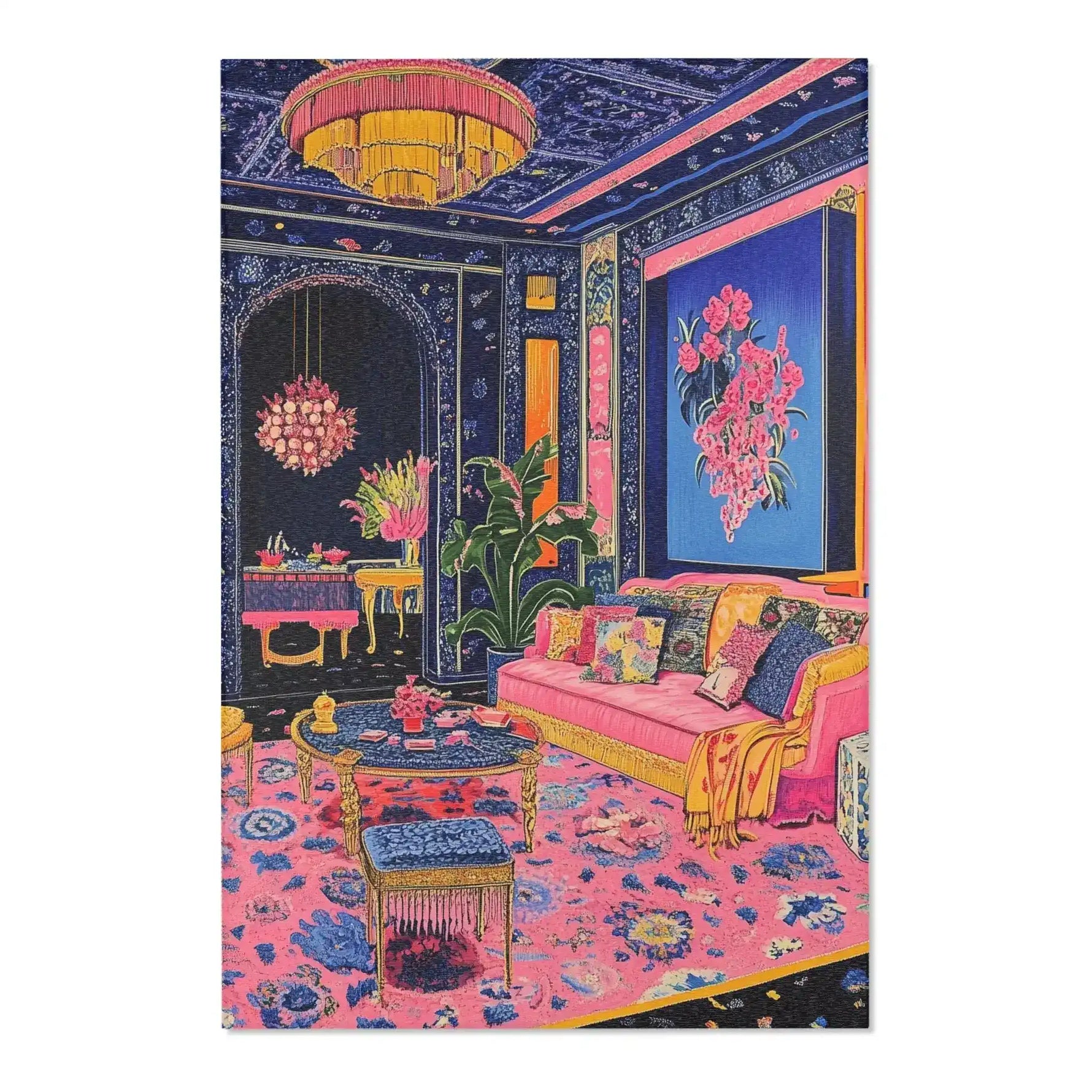 Room setting with the Vibrant Maximalist Floral Rug, bold pink-blue floral pattern under gold table, navy patterned walls and pink velvet sofa