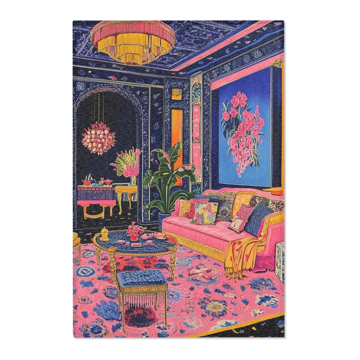 Vibrant Maximalist Floral Rug in a bold pink-navy maximalist room with gold chandelier, ornate sofa and blue floral wall art above
