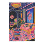 Vibrant Maximalist Floral Rug in a bold pink-navy maximalist room with gold chandelier, ornate sofa and blue floral wall art above