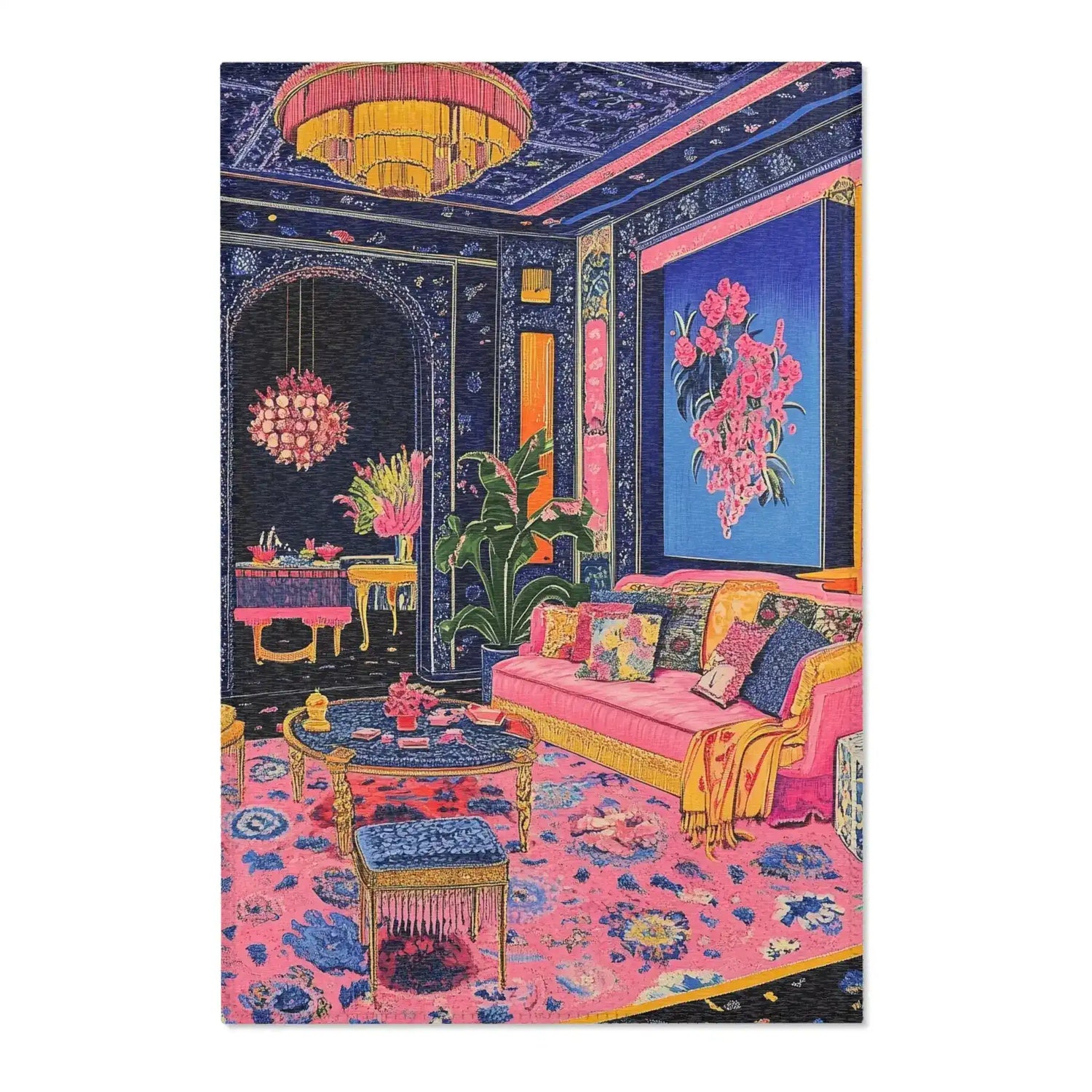 Vibrant Maximalist Floral Rug in a bold pink-navy maximalist room with gold chandelier, ornate sofa and blue floral wall art above