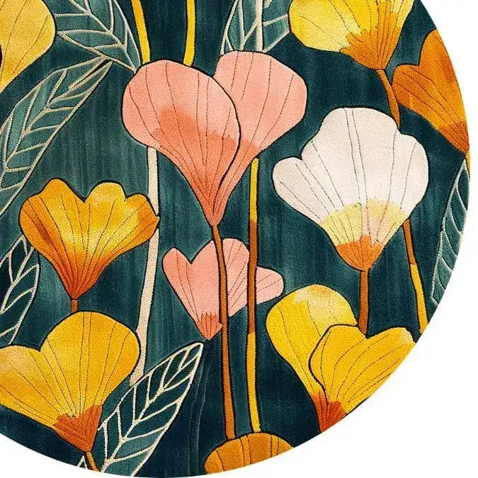 A vibrant, hand-tufted round area rug featuring a bold floral design with pink and yellow blooms on a dark background. Perfect for adding a splash of color to the dining room or living room, this wool rug is both stylish and cozy.