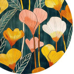 A vibrant, hand-tufted round area rug featuring a bold floral design with pink and yellow blooms on a dark background. Perfect for adding a splash of color to the dining room or living room, this wool rug is both stylish and cozy.