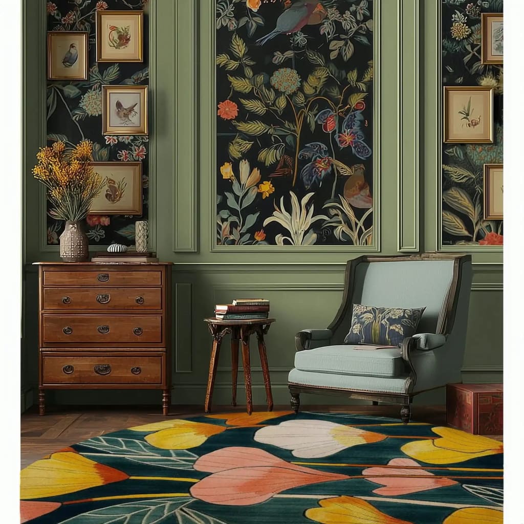 Elegant living room featuring a vibrant meadow hand tufted round area rug with bold floral patterns. The rug, perfect for dining or living rooms, adds a pop of color with its wool texture and round shape, complementing the classic decor and floral wallpaper.