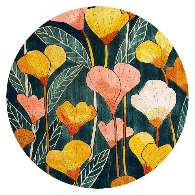A beautifully designed vibrant meadow hand tufted round area rug, perfect for adding a splash of color to your dining room or living room. This wool rug features an eye-catching floral pattern with bold yellow, pink, and white flowers against a deep green background, making it an ideal choice for those seeking stylish rugs for their living space.