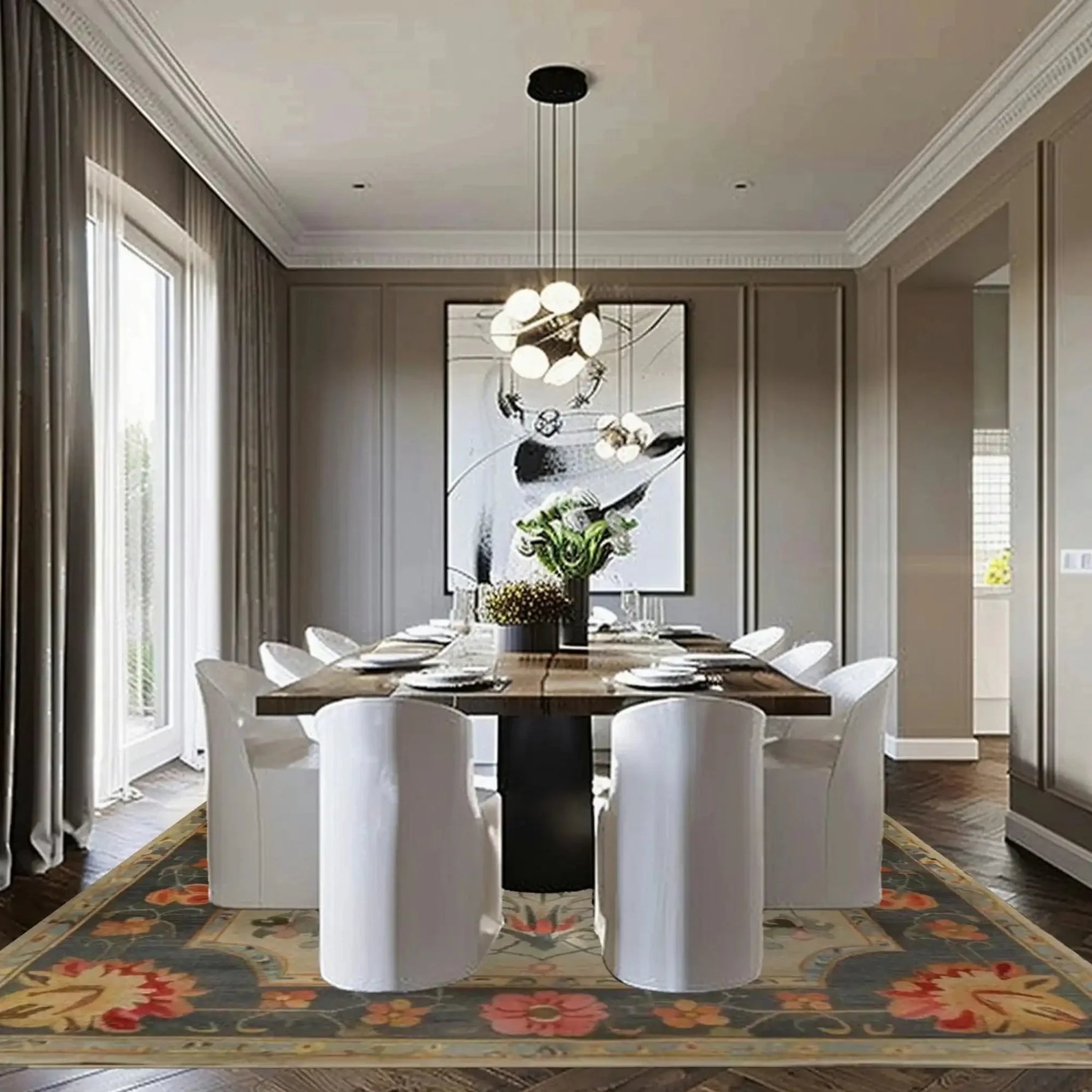 Modern dining room with a wooden table and white chairs on a patterned floral persian rug.
