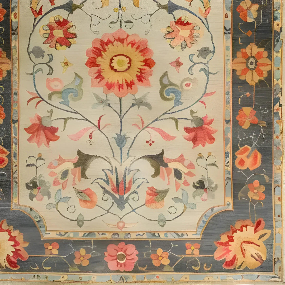 A vibrant and intricately designed hand-knotted area rug featuring a stunning floral pattern, reminiscent of traditional Persian rugs. This large living room rug, ideal for an 8x10 space, showcases a rich tapestry of colors with a dominant central flower and a detailed border, perfect for adding elegance and modernity to any home.