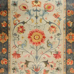 A beautifully detailed hand-knotted area rug featuring a vibrant floral design, reminiscent of traditional Persian rugs. This large living room rug, perfect for an 8x10 space, showcases intricate patterns with red, blue, and gold tones, creating a striking centerpiece for any modern interior.