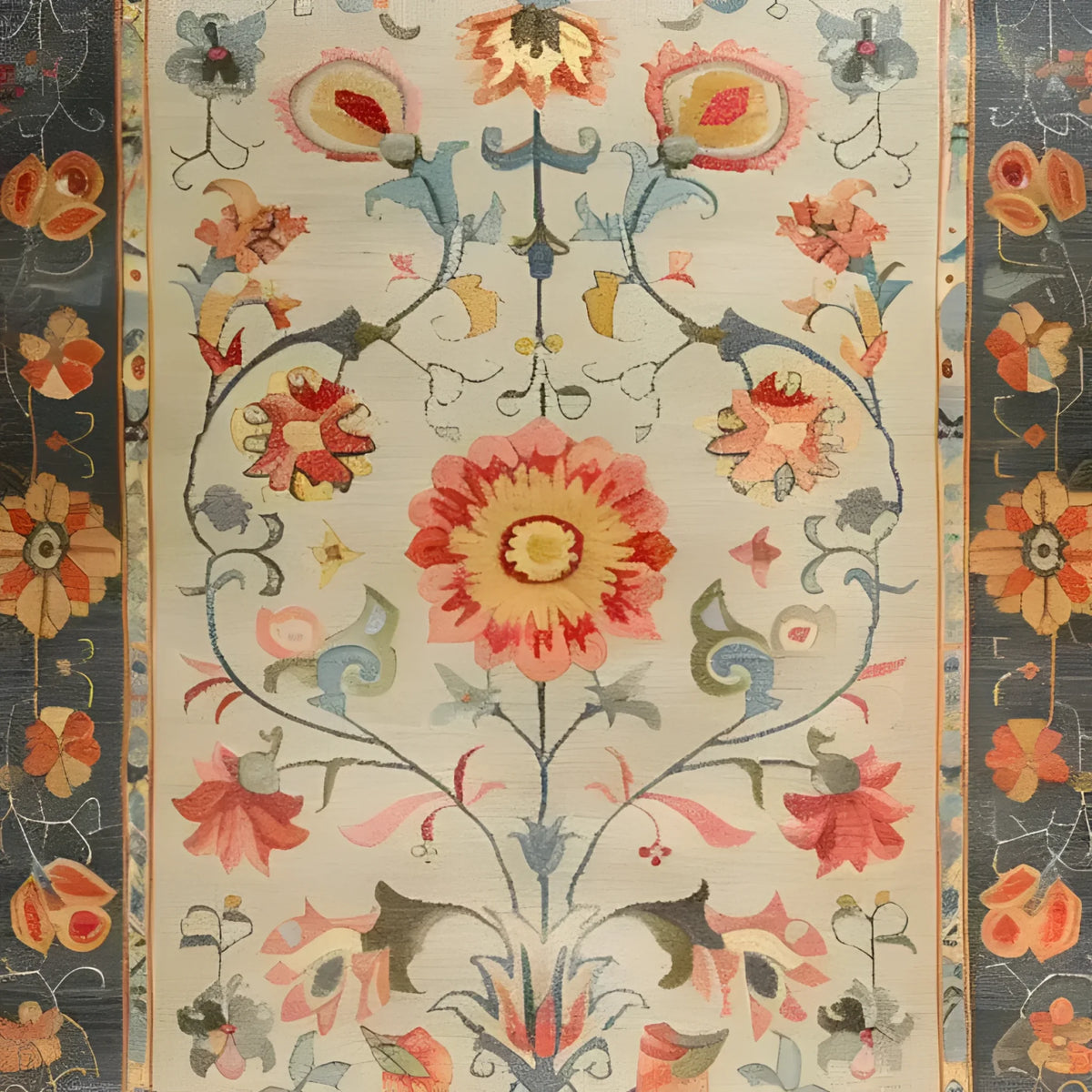 A beautifully detailed hand-knotted area rug featuring a vibrant floral design, reminiscent of traditional Persian rugs. This large living room rug, perfect for an 8x10 space, showcases intricate patterns with red, blue, and gold tones, creating a striking centerpiece for any modern interior.