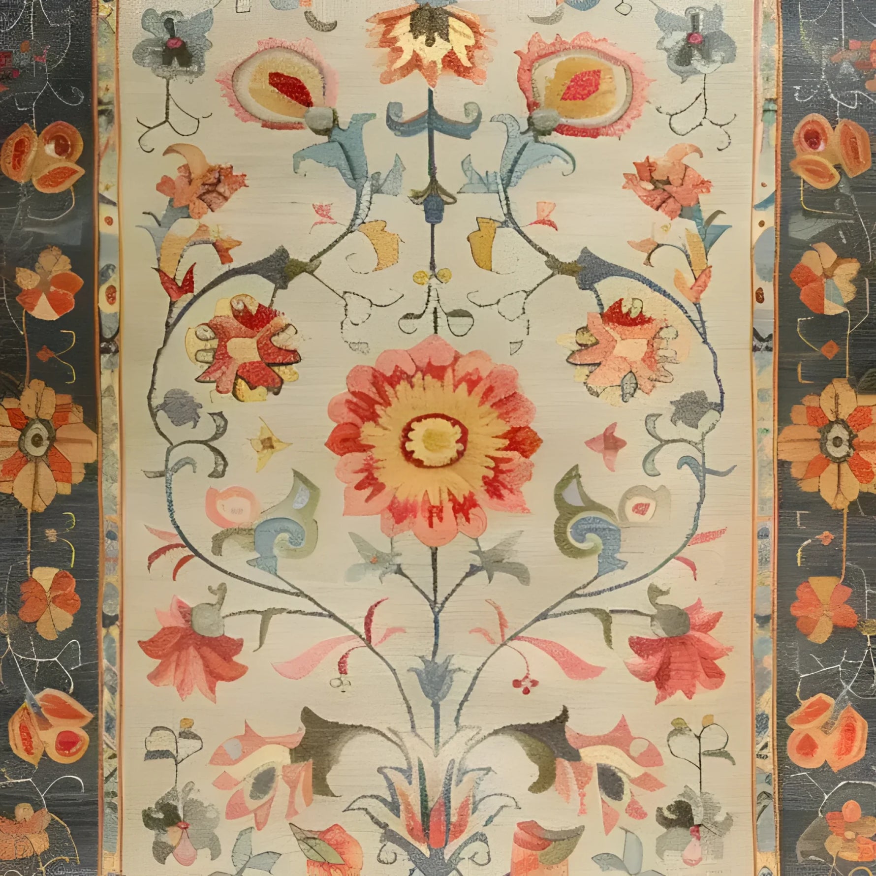 A beautifully detailed hand-knotted area rug featuring a vibrant floral design, reminiscent of traditional Persian rugs. This large living room rug, perfect for an 8x10 space, showcases intricate patterns with red, blue, and gold tones, creating a striking centerpiece for any modern interior.
