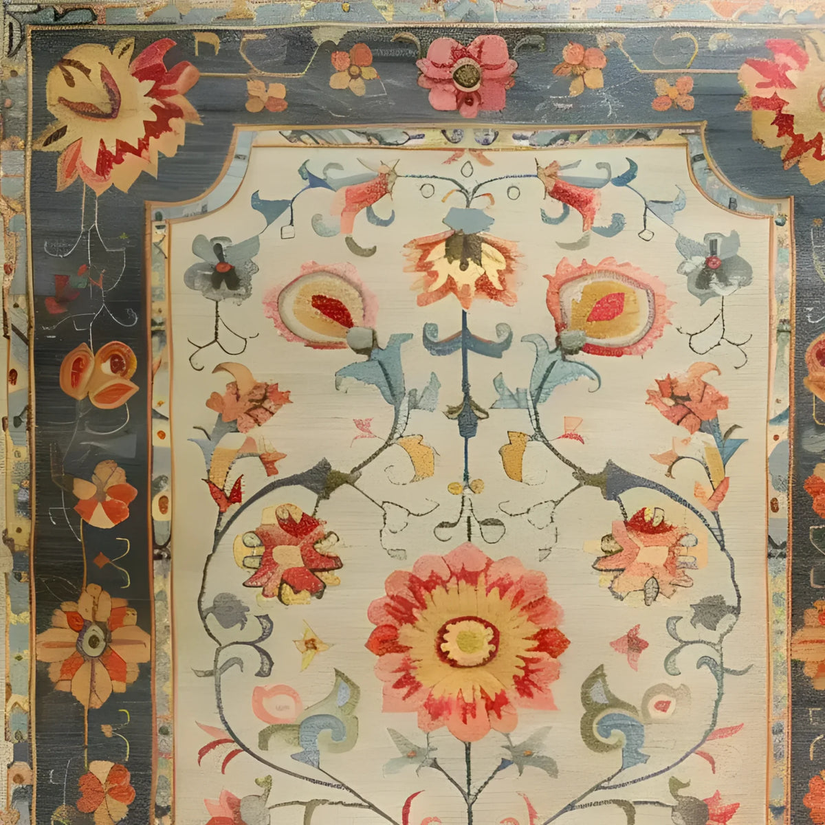 Close-up view of the Vibrant Modernity Hand Knotted Area Rug, showcasing intricate floral patterns inspired by traditional Persian rugs. This large living room rug, sized 8x10, features a harmonious blend of vivid colors set against a neutral background, perfect for enhancing any modern decor.