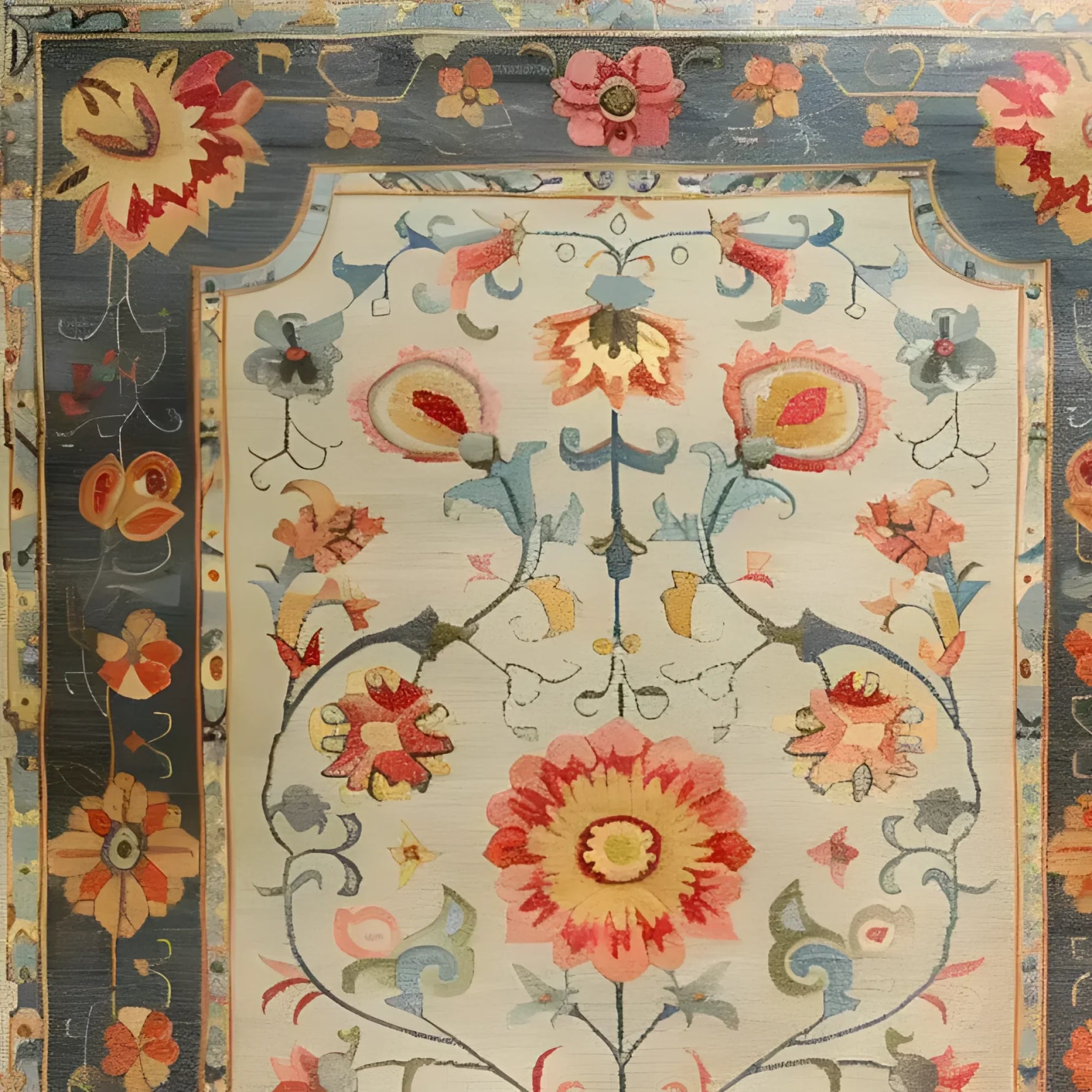 Close-up view of the Vibrant Modernity Hand Knotted Area Rug, showcasing intricate floral patterns inspired by traditional Persian rugs. This large living room rug, sized 8x10, features a harmonious blend of vivid colors set against a neutral background, perfect for enhancing any modern decor.