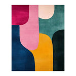 A vibrant mosaic pattern hand-tufted wool area rug featuring bold abstract shapes in shades of pink, blue, green, and yellow. Perfect for adding a contemporary touch to dining rooms and living rooms, this rug brings a splash of color and style to any space.