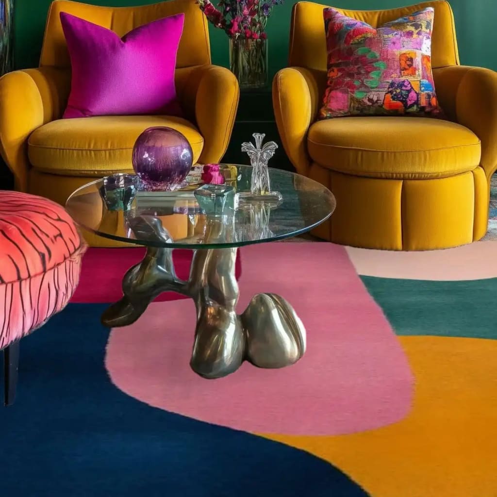 A vibrant mosaic pattern hand-tufted wool rug adds a splash of color to a contemporary living room setting. The area rug features bold, abstract designs in shades of pink, blue, and yellow, perfectly complementing the mustard yellow armchairs and colorful pillows. A unique glass coffee table with a sculptural base sits atop the rug, enhancing the modern aesthetic, ideal for dining room or living room spaces.