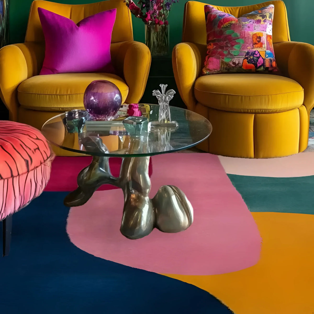 A vibrant mosaic pattern hand-tufted wool rug adds a splash of color to a contemporary living room setting. The area rug features bold, abstract designs in shades of pink, blue, and yellow, perfectly complementing the mustard yellow armchairs and colorful pillows. A unique glass coffee table with a sculptural base sits atop the rug, enhancing the modern aesthetic, ideal for dining room or living room spaces.