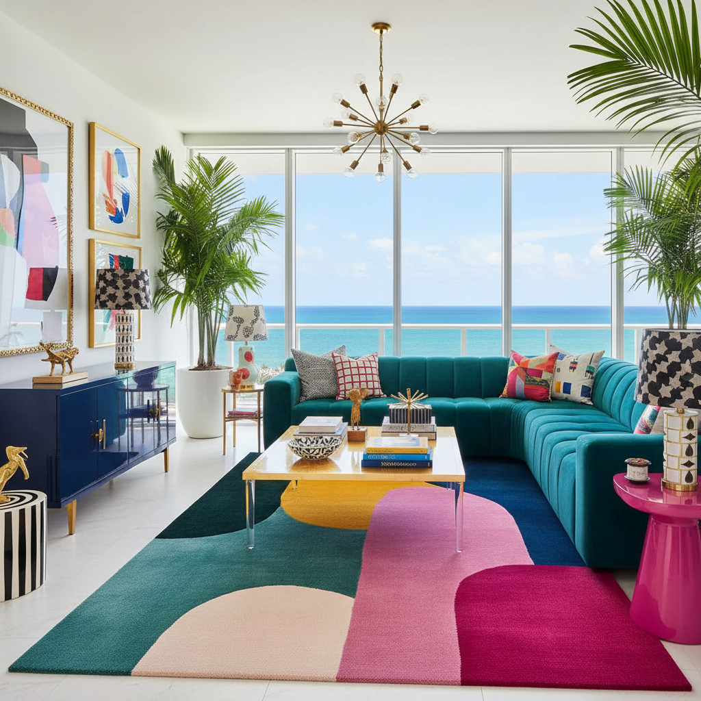 Modern living room with ocean view, colorful furniture, a contemporary wool rug, and decorative elements.
