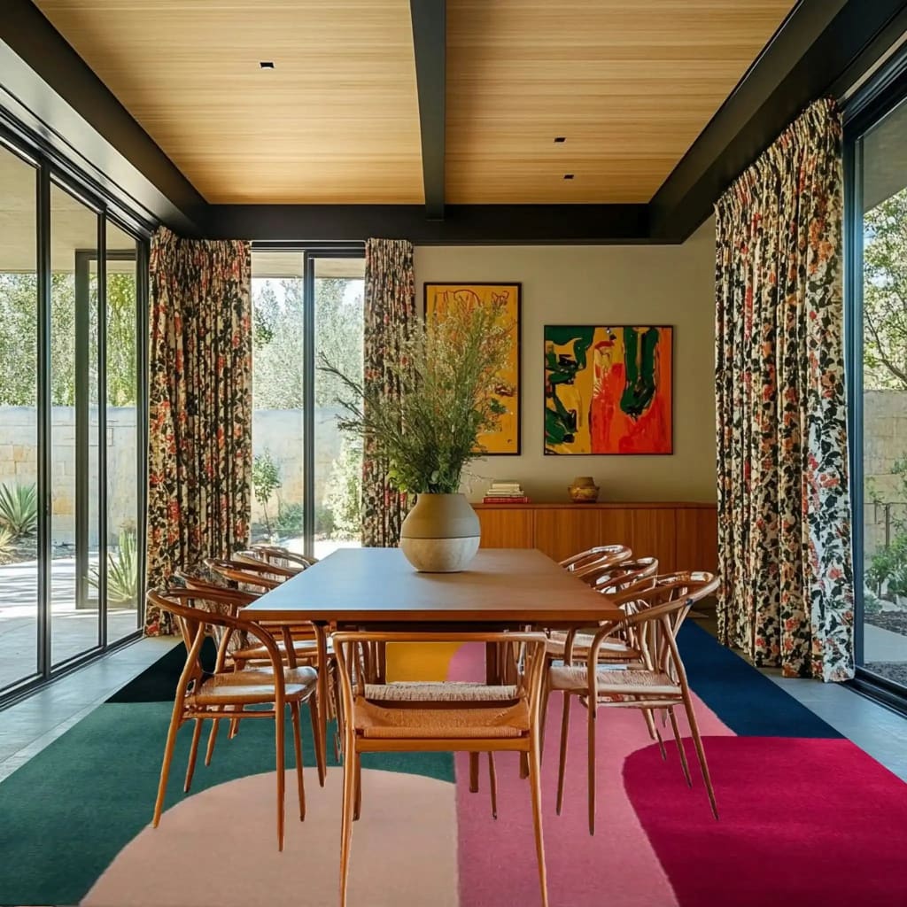 A vibrant mosaic pattern hand-tufted wool area rug in a contemporary dining room. The colorful rug features geometric shapes in shades of pink, green, and red, complementing the modern wooden dining table and chairs. Large windows and floral curtains enhance the bright and inviting atmosphere, making it an ideal choice for dining room area rugs or as a statement piece in living room decor.