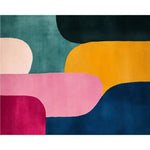 A vibrant hand-tufted wool area rug featuring an abstract mosaic pattern with bold, colorful shapes in pink, blue, yellow, and green. Perfect for adding a contemporary touch to dining rooms or living rooms, this rug combines unique design with cozy wool texture, ideal for dining room area rugs and area rugs for living room settings.