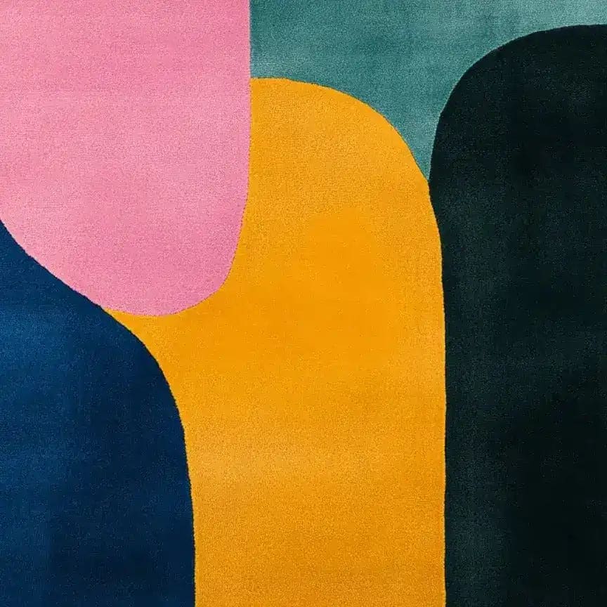 A vibrant mosaic pattern hand tufted wool rug featuring bold geometric shapes in pink, blue, yellow, and green. This contemporary area rug is ideal for adding a pop of color to dining room or living room spaces.