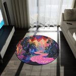 Pixelated Landscape Round Rug close-up on dark floor showing pixel-art river path, cliffs and warm sunset colors