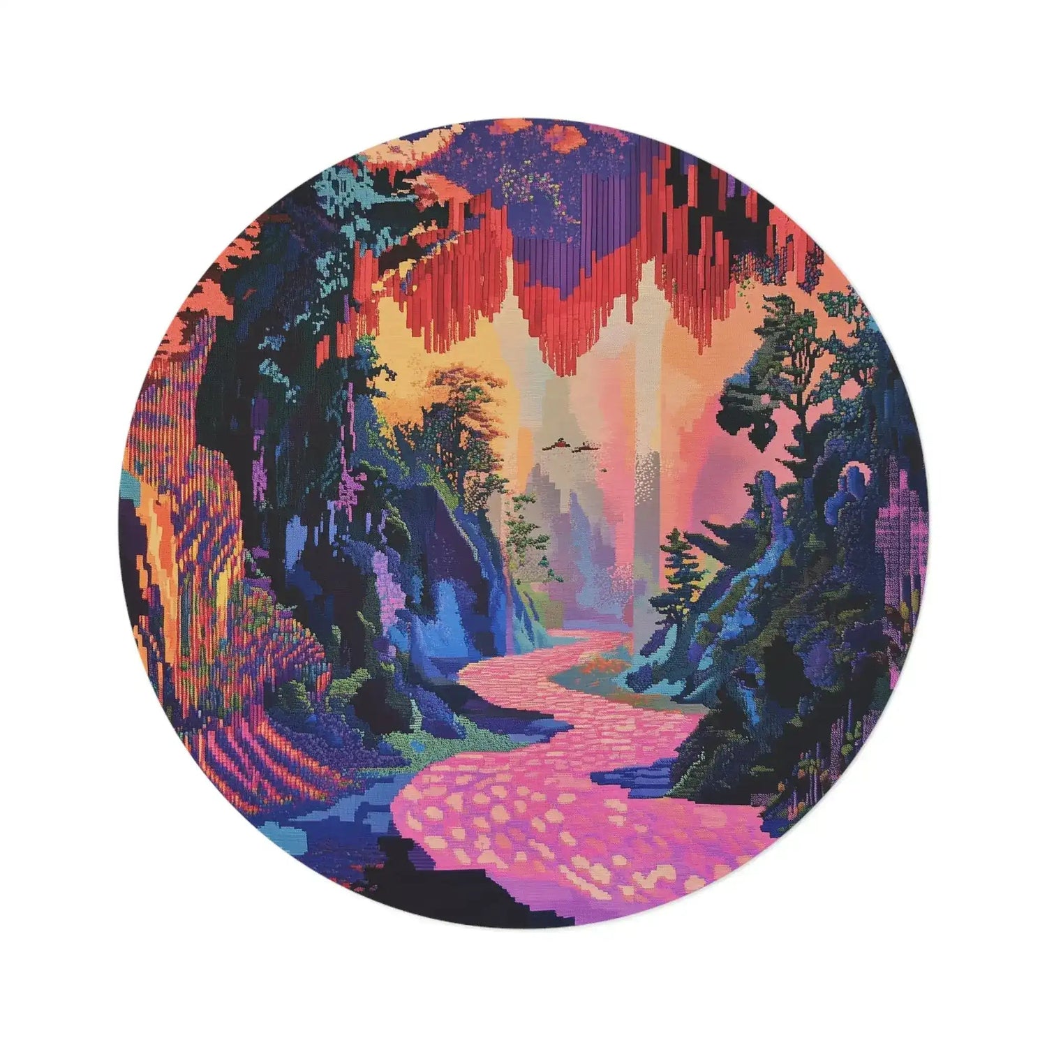 Vibrant Pixelated Landscape Round Rug flat lay, pixel-art canyon with pink river path, red stalactites and purple-teal cliffs
