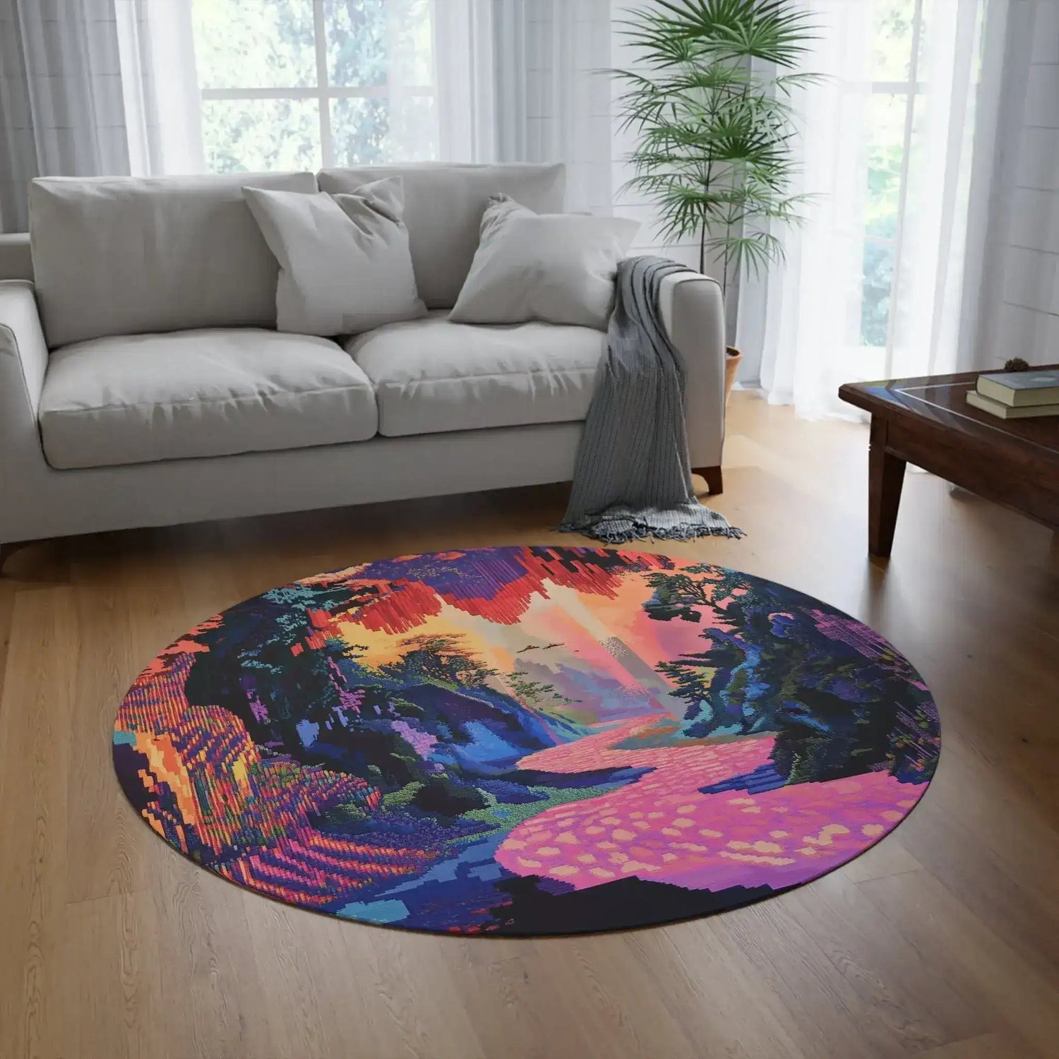 Pixelated Landscape Round Rug in a styled interior, vibrant pixel-art canyon-and-river scene visible on the floor