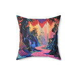 Vibrant Pixelated Landscape Throw Pillow tilted right on white background showing pixel-art woodland scene