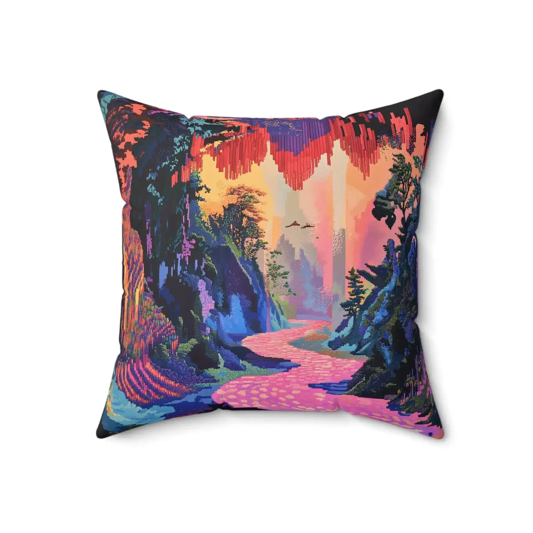 Vibrant Pixelated Landscape Throw Pillow tilted left on white background pixel forest in cool purple tones