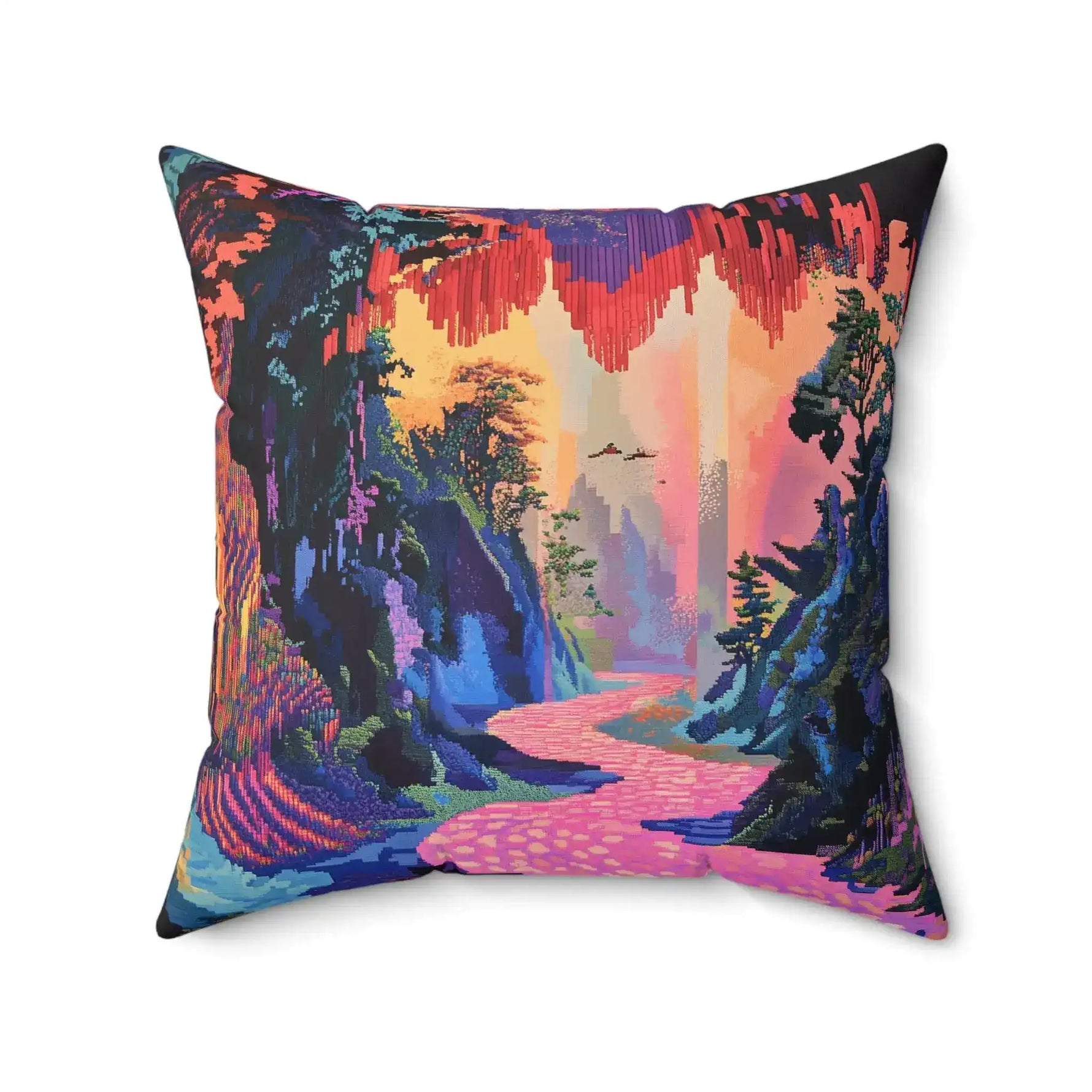 Vibrant Pixelated Landscape Throw Pillow front-facing tall crop on white background full pixel forest scene visible