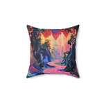Vibrant Pixelated Landscape Throw Pillow with deeper purple hue on white background bottom pixel path more prominent
