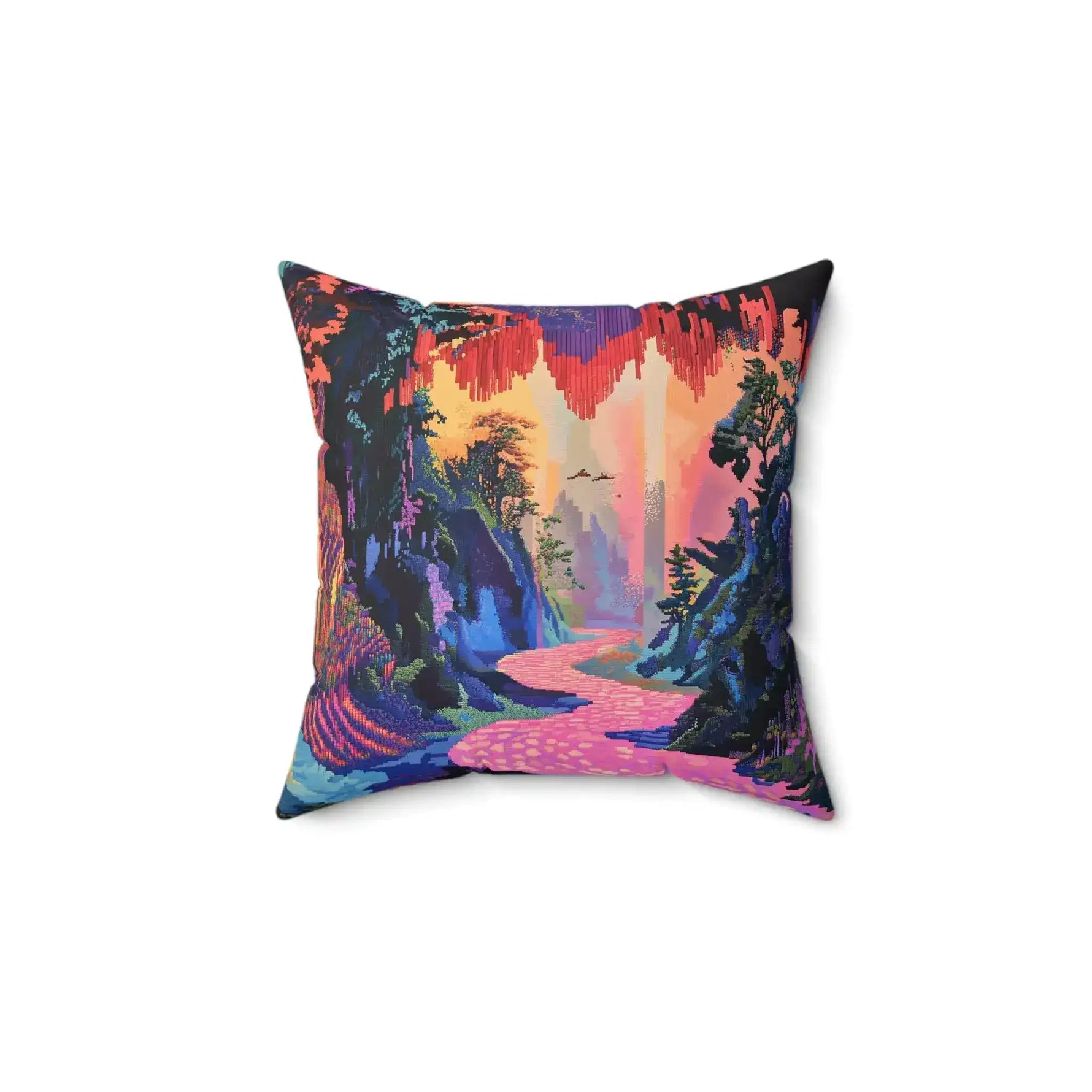 Vibrant Pixelated Landscape Throw Pillow with deeper purple hue on white background bottom pixel path more prominent