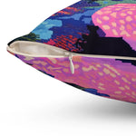 Close-up detail of Vibrant Pixelated Landscape Throw Pillow showing zipper closure and pink pixelated path corner