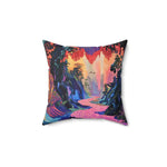 Square throw pillow featuring a pixelated forest landscape with purple and teal tones on a white background