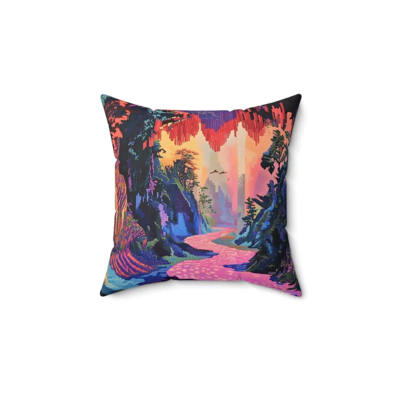 Square throw pillow featuring a pixelated forest landscape with purple and teal tones on a white background